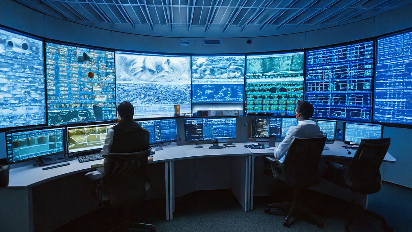 control room av wall displays and security operators