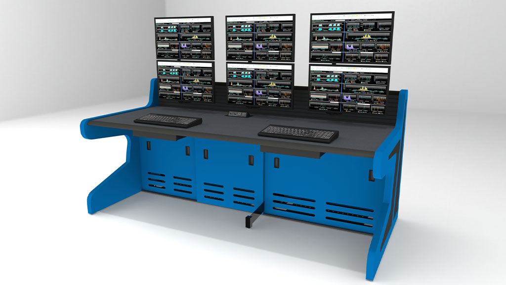Control Room Operator Consoles, multi-user layout with blue panels and stacked monitors