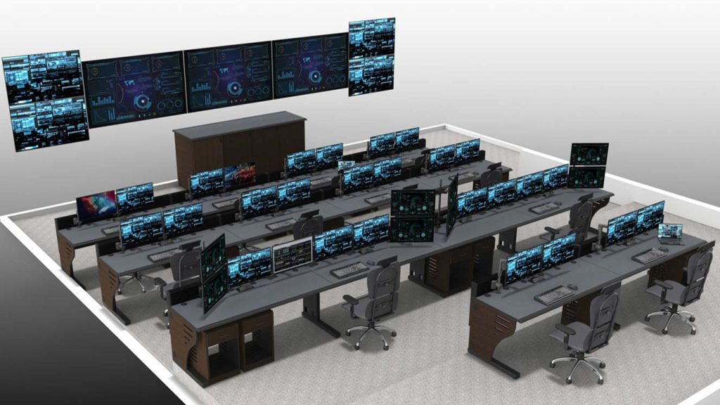 av wall in a control room with Inracks console furniture workstations