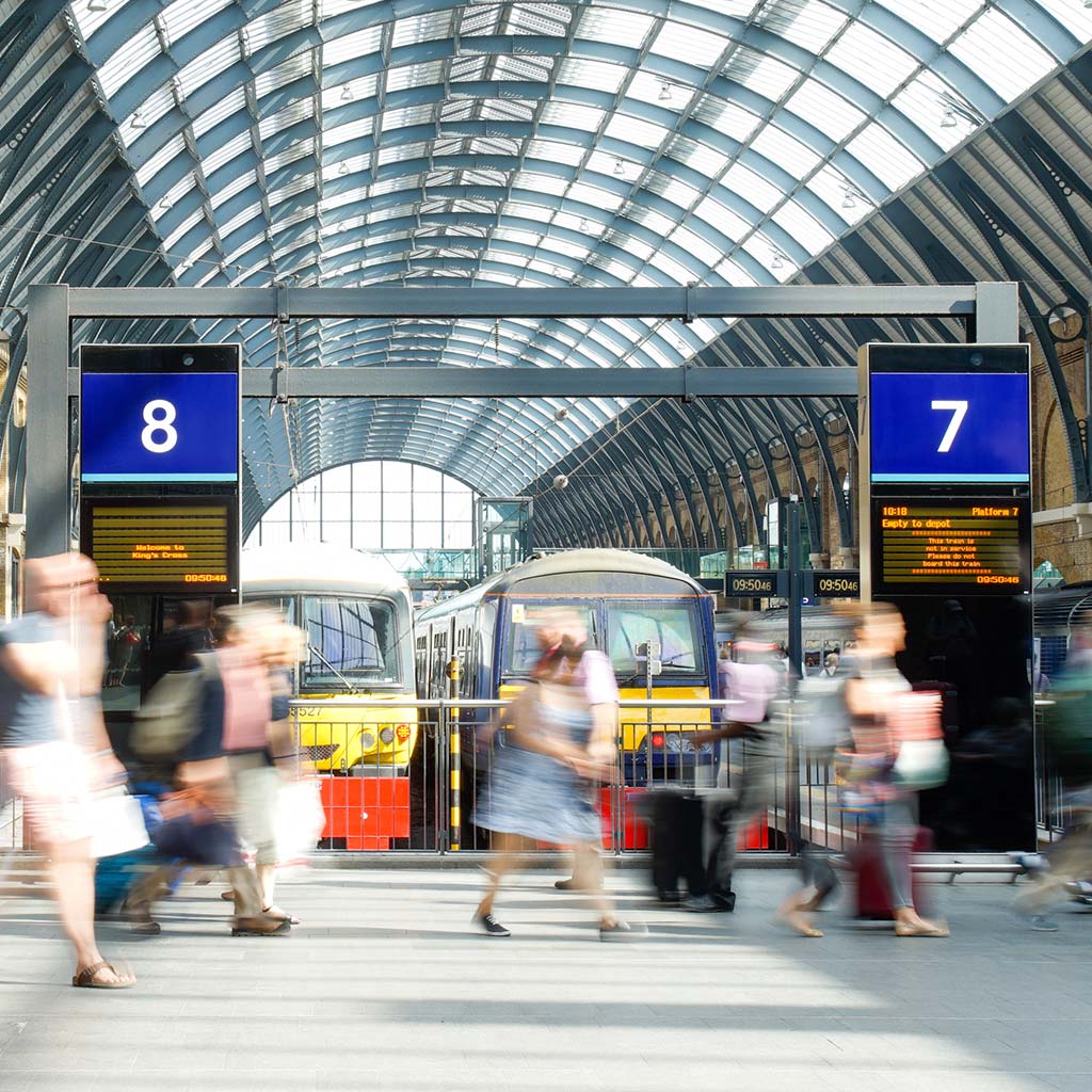 av video walls in train station concourse