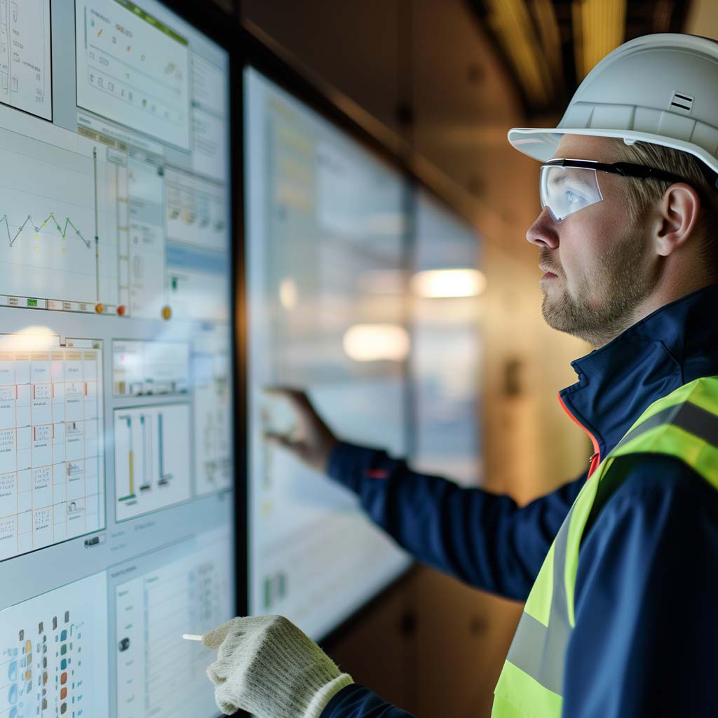 control room consultant operator working on video wall in facility