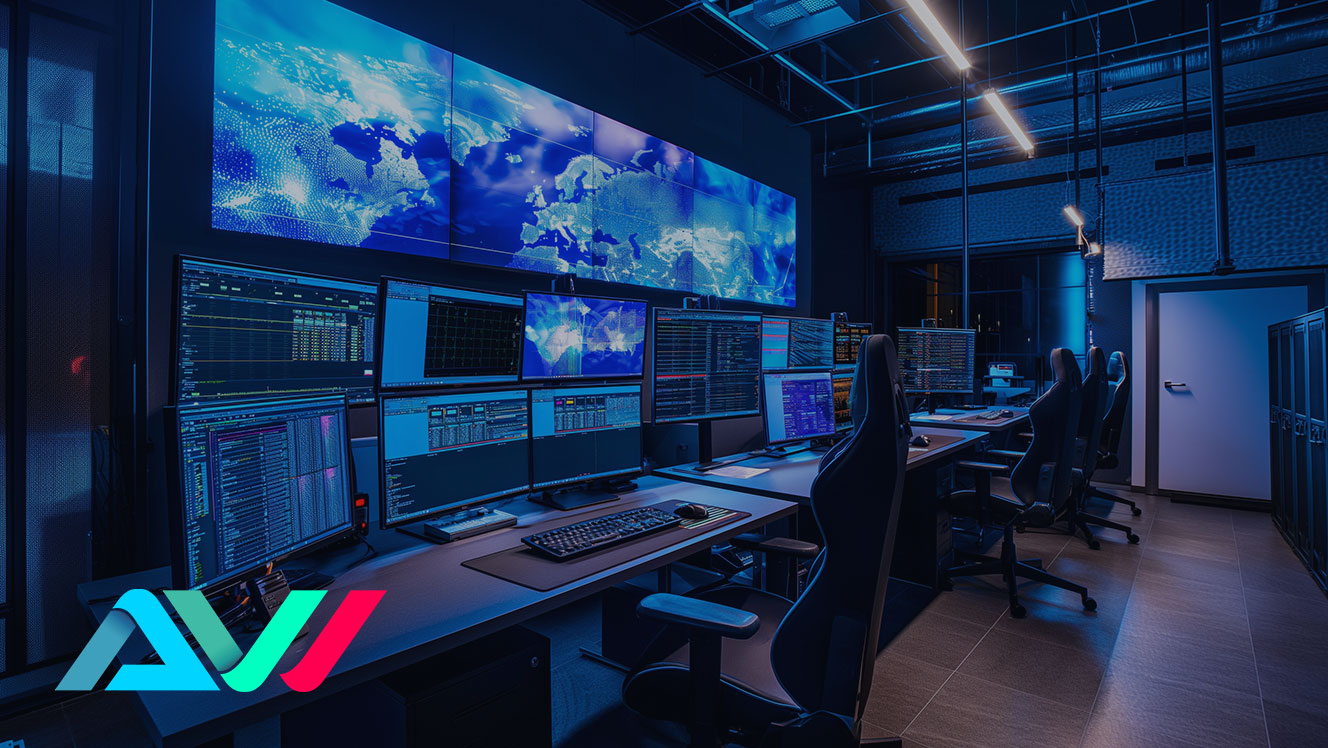 24/7 control room facility with console furniture and video wall displays