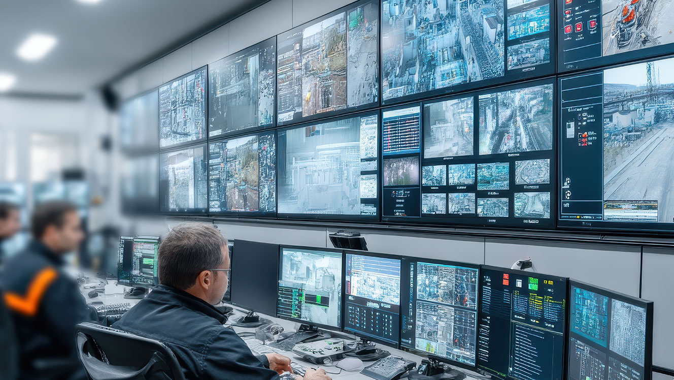 operators sitting at control room desks while looking at monitor walls displays