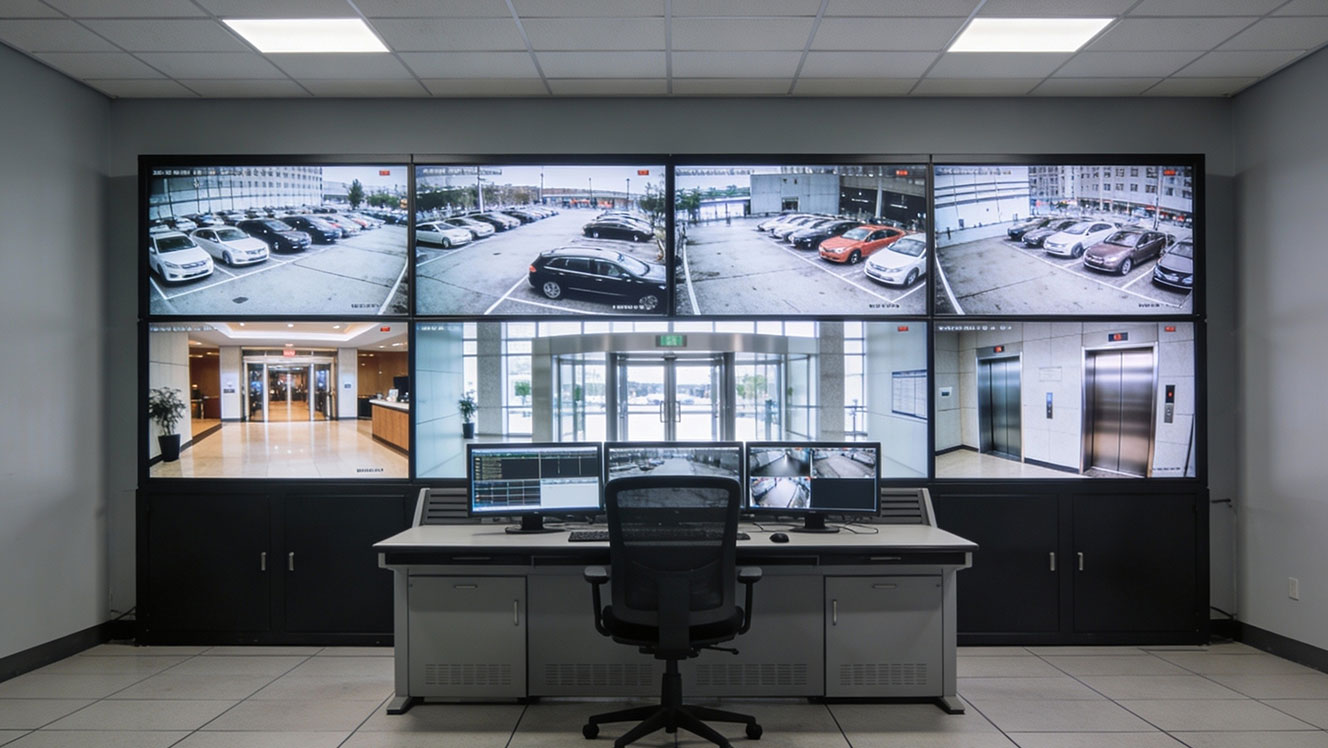 security control room with video display wall and monitor displays