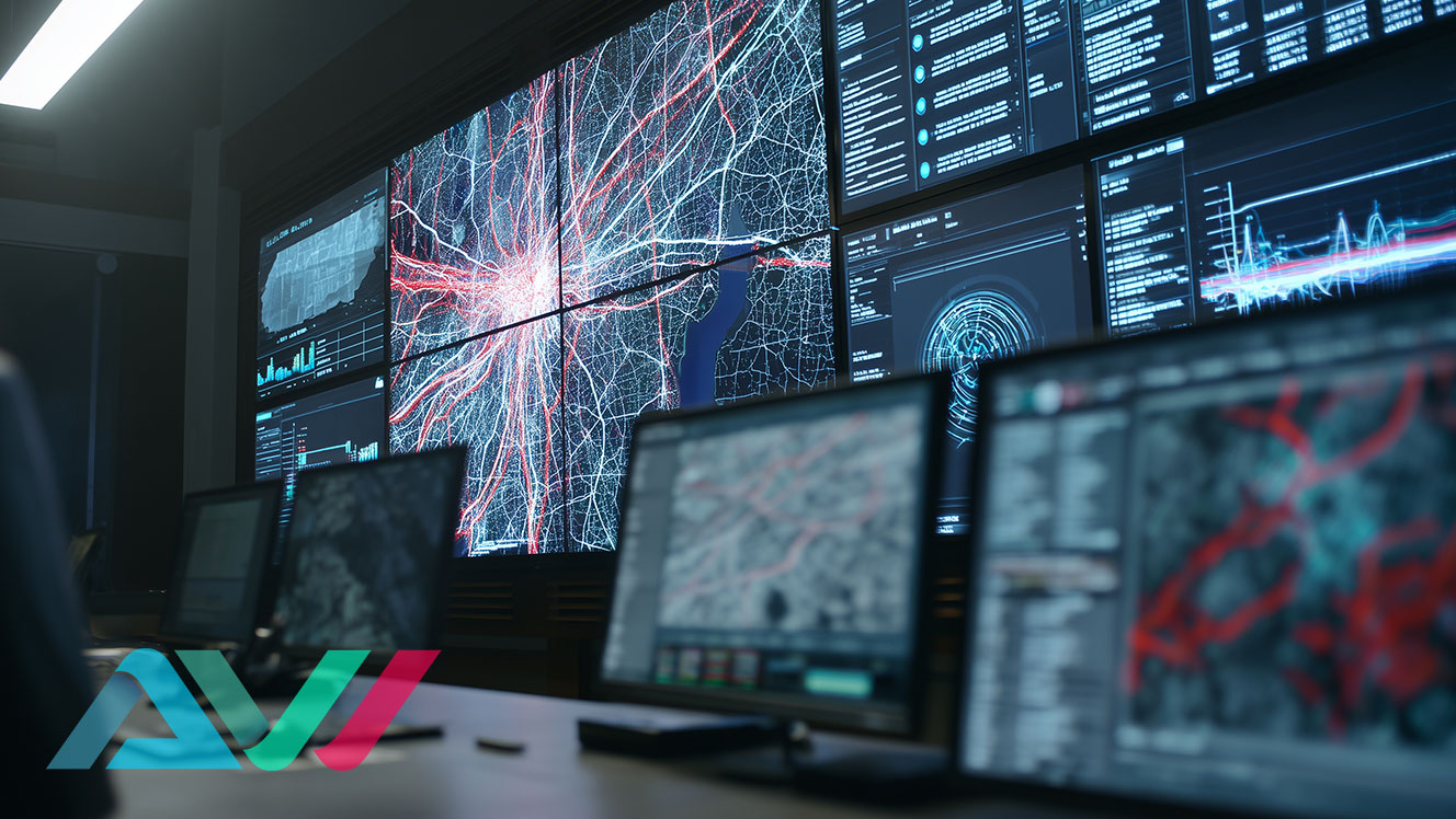 low-lit control room with video walls and display monitors showing location data for a city